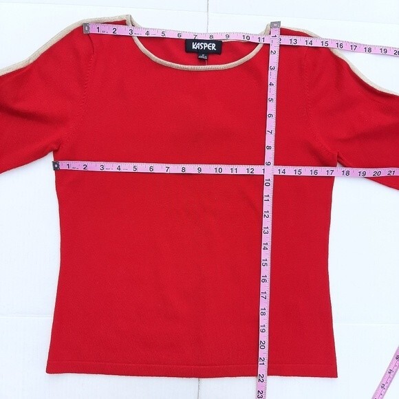 Kasper Stretchy Crop Sweater Knitted Top Red with Tan Accent 3/4 Sleeve Size M - Picture 7 of 13